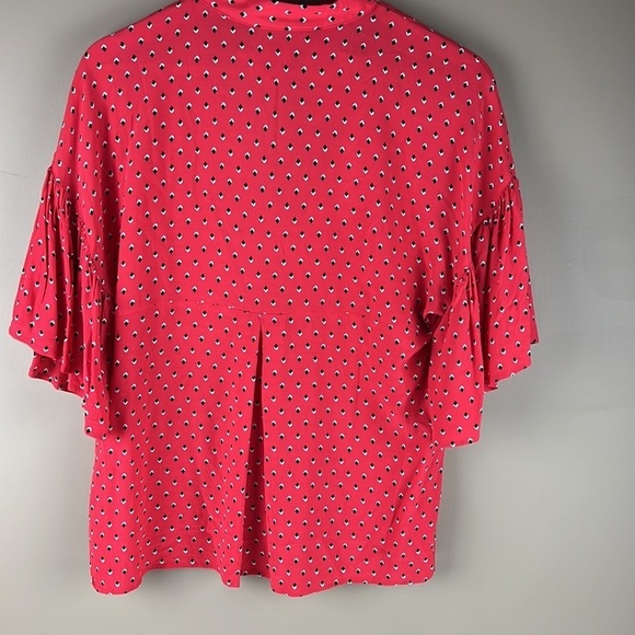 Zara WOMAN Red Patterned  Blouse with Ruffled Flowy Short Sleeves - Picture 4 of 9